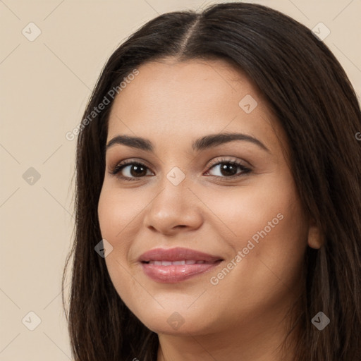 Joyful white young-adult female with long  brown hair and brown eyes