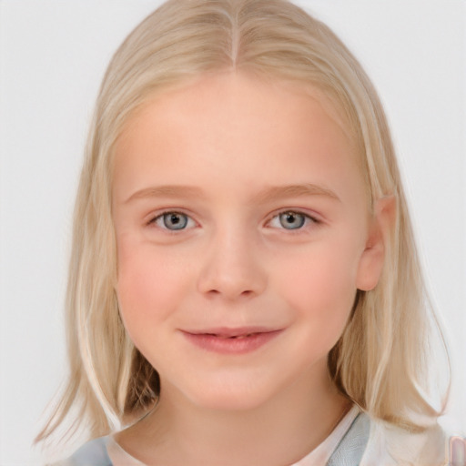 Joyful white child female with medium  brown hair and blue eyes