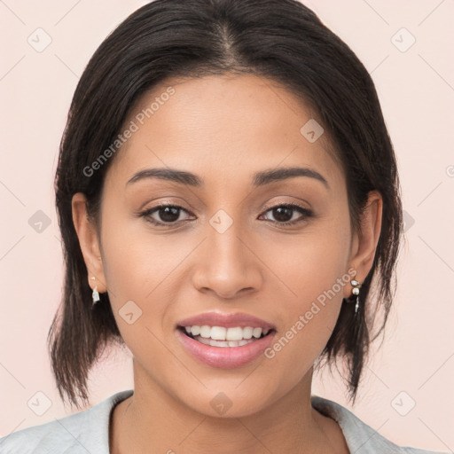 Joyful white young-adult female with medium  brown hair and brown eyes