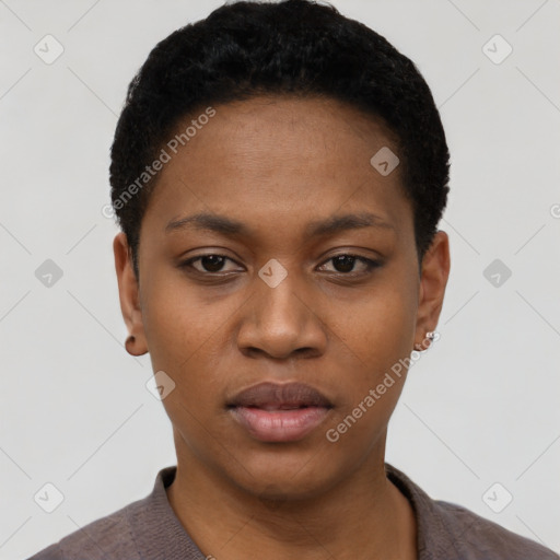 Neutral black young-adult female with short  black hair and brown eyes