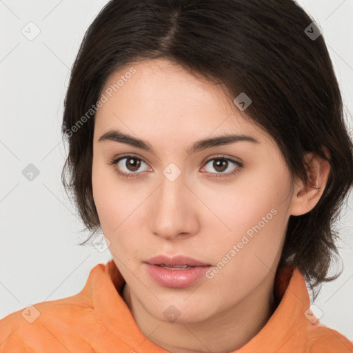 Neutral white young-adult female with medium  brown hair and brown eyes