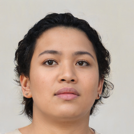 Neutral asian young-adult female with medium  brown hair and brown eyes