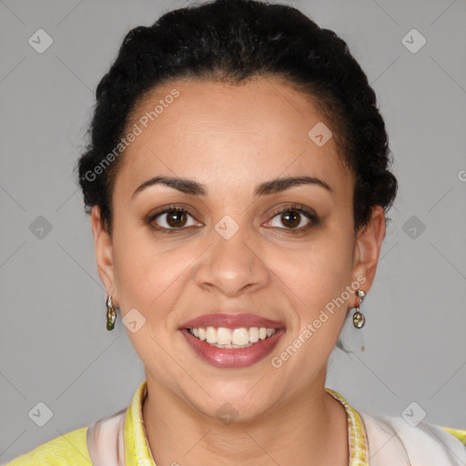 Joyful latino young-adult female with short  brown hair and brown eyes