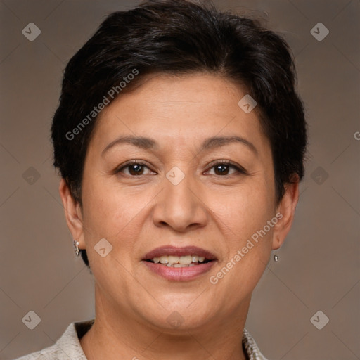 Joyful white adult female with short  brown hair and brown eyes