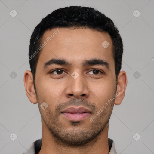 Neutral latino young-adult male with short  black hair and brown eyes