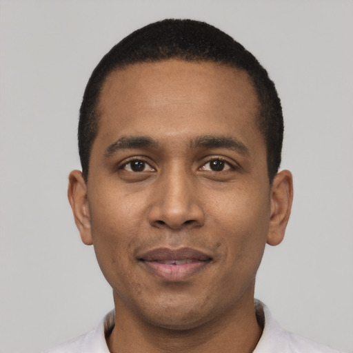 Neutral black young-adult male with short  black hair and brown eyes
