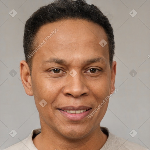 Joyful latino adult male with short  brown hair and brown eyes