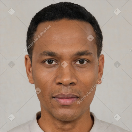 Neutral black young-adult male with short  black hair and brown eyes