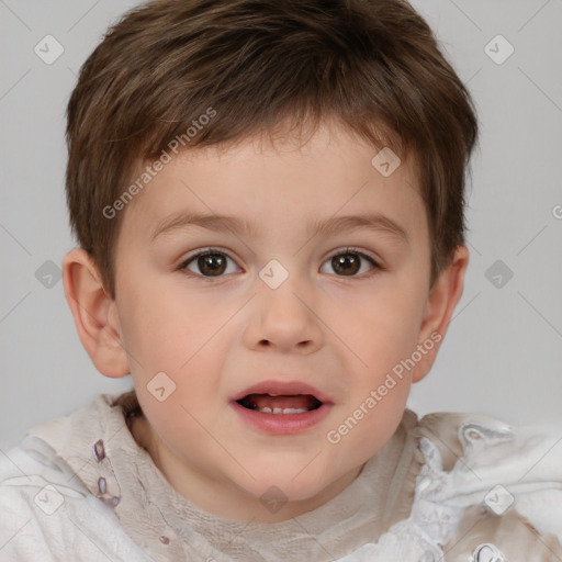 Joyful white child male with short  brown hair and brown eyes