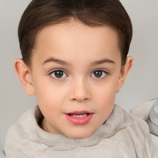 Joyful white child female with short  brown hair and brown eyes