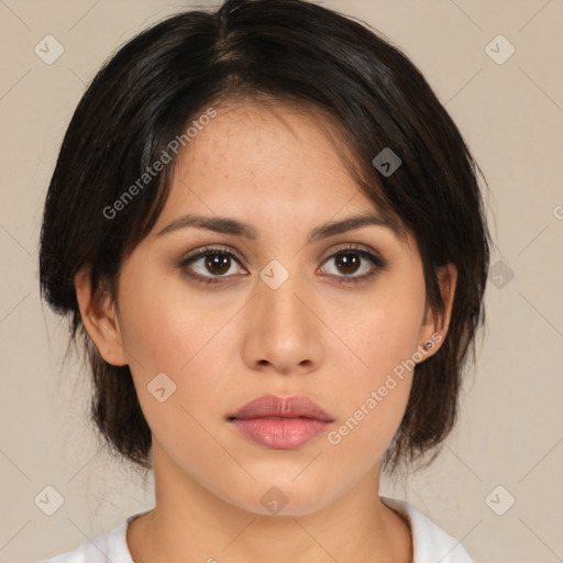 Neutral asian young-adult female with medium  brown hair and brown eyes