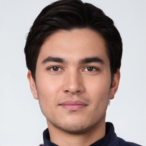 Neutral white young-adult male with short  black hair and brown eyes