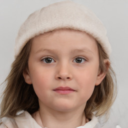 Neutral white child female with medium  brown hair and blue eyes