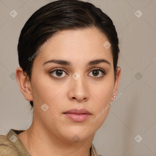 Neutral white young-adult female with short  brown hair and brown eyes