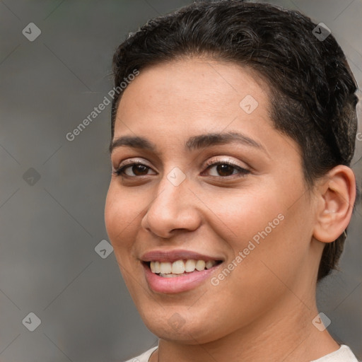 Joyful white young-adult female with short  brown hair and brown eyes