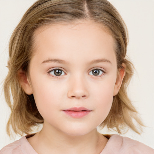 Neutral white child female with medium  brown hair and blue eyes