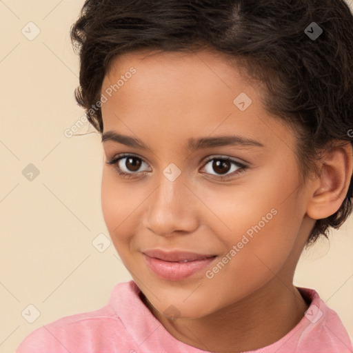 Joyful white child female with long  brown hair and brown eyes