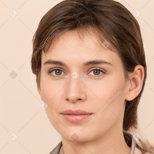 Neutral white young-adult female with medium  brown hair and brown eyes