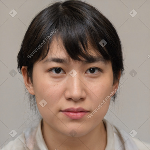 Neutral white young-adult female with medium  brown hair and brown eyes