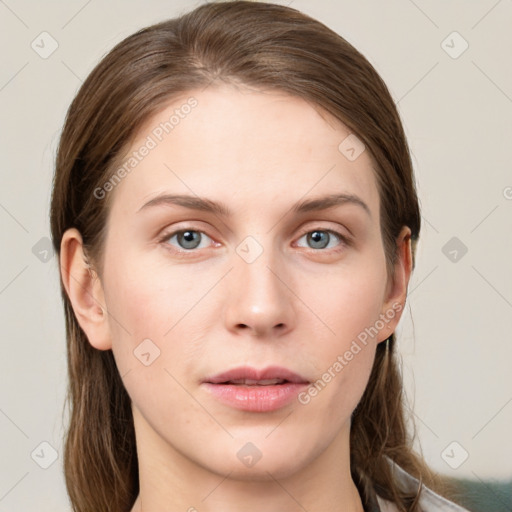 Neutral white young-adult female with medium  brown hair and grey eyes