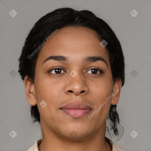 Joyful latino young-adult female with short  brown hair and brown eyes