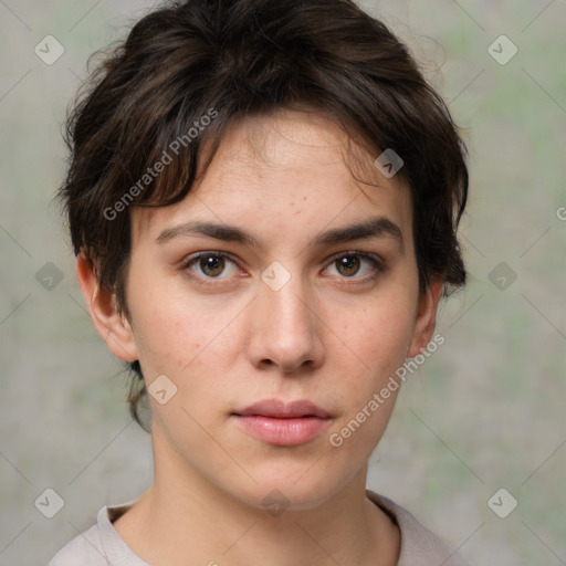 Neutral white young-adult female with medium  brown hair and brown eyes