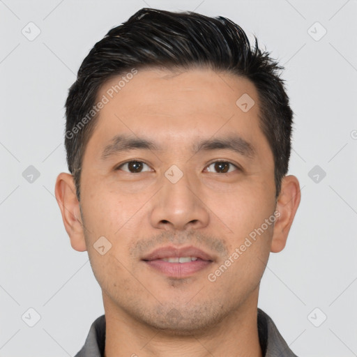 Neutral asian young-adult male with short  brown hair and brown eyes