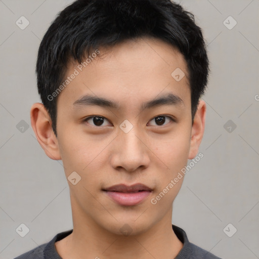 Neutral asian young-adult male with short  black hair and brown eyes