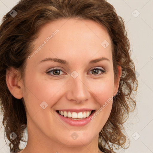 Joyful white young-adult female with medium  brown hair and green eyes