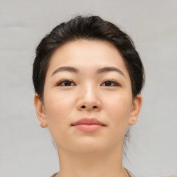 Neutral asian young-adult female with short  brown hair and brown eyes