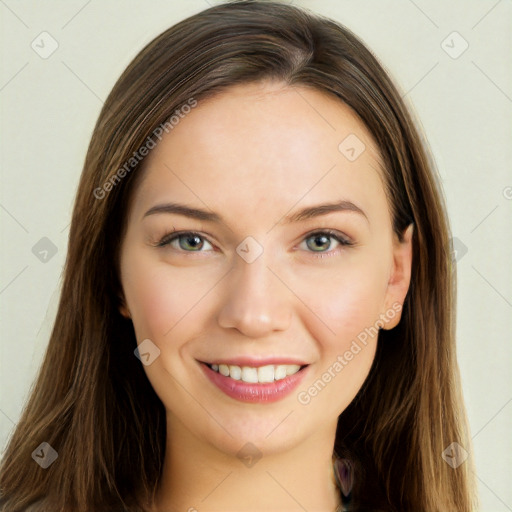 Joyful white young-adult female with long  brown hair and green eyes