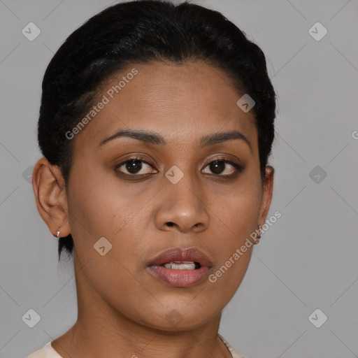 Neutral black young-adult female with short  brown hair and brown eyes
