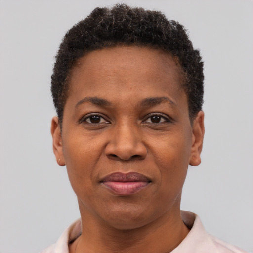 Joyful black adult female with short  brown hair and brown eyes