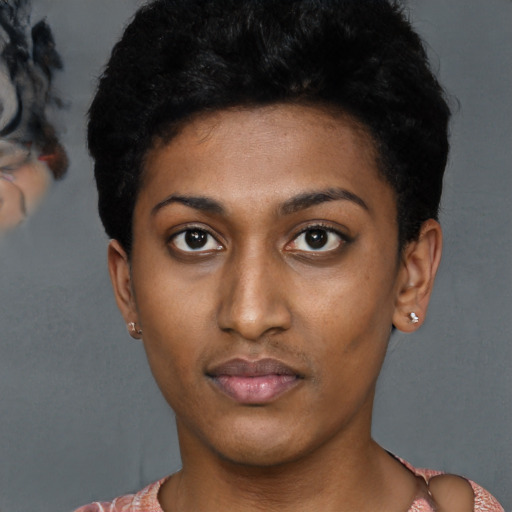 Neutral latino young-adult female with short  brown hair and brown eyes