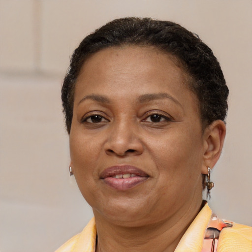 Joyful latino adult female with short  brown hair and brown eyes
