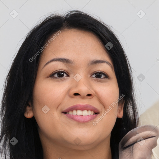 Joyful asian young-adult female with long  brown hair and brown eyes