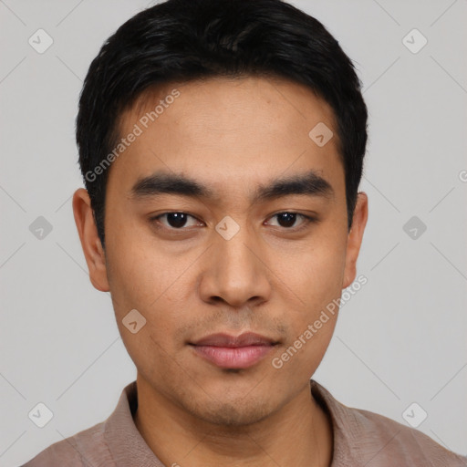 Neutral asian young-adult male with short  black hair and brown eyes