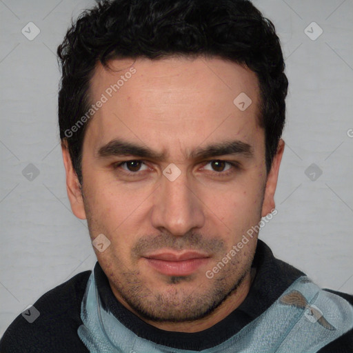 Neutral white young-adult male with short  black hair and brown eyes