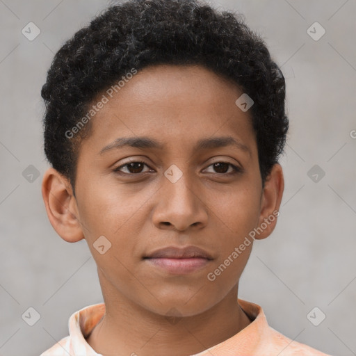 Neutral latino young-adult female with short  brown hair and brown eyes