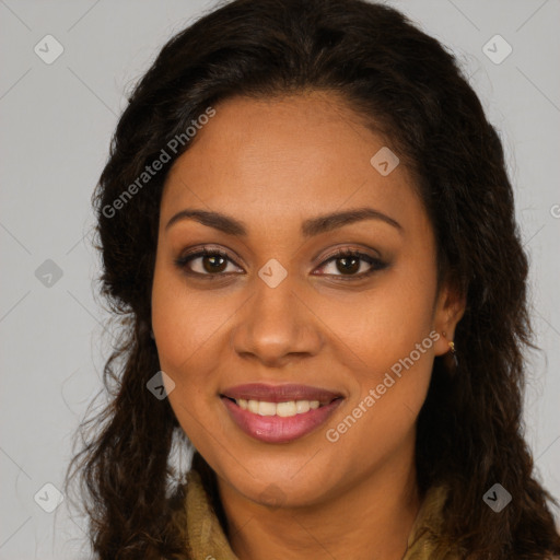 Joyful latino young-adult female with long  brown hair and brown eyes