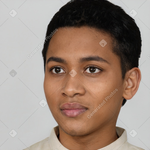 Joyful latino young-adult female with short  black hair and brown eyes