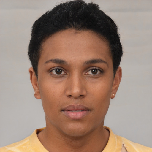 Neutral latino young-adult female with short  brown hair and brown eyes