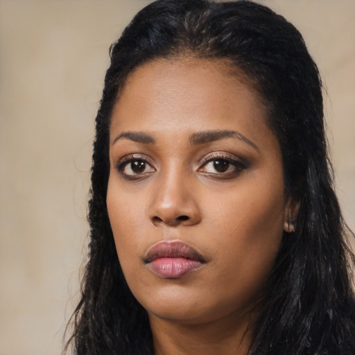 Neutral black young-adult female with long  black hair and brown eyes