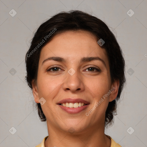 Joyful white young-adult female with medium  brown hair and brown eyes