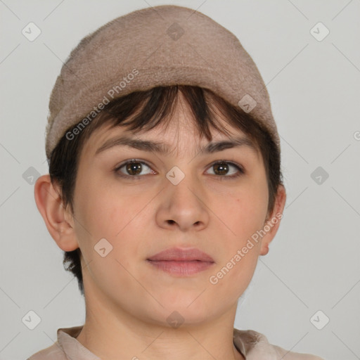 Neutral white young-adult female with short  brown hair and brown eyes