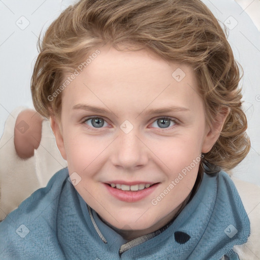 Joyful white child female with short  brown hair and blue eyes