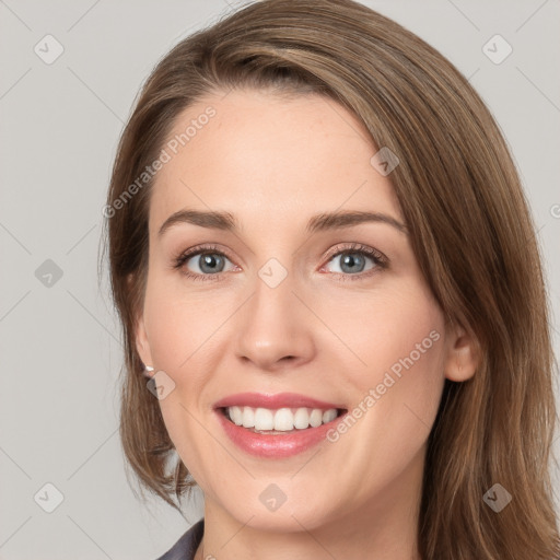 Joyful white young-adult female with medium  brown hair and grey eyes