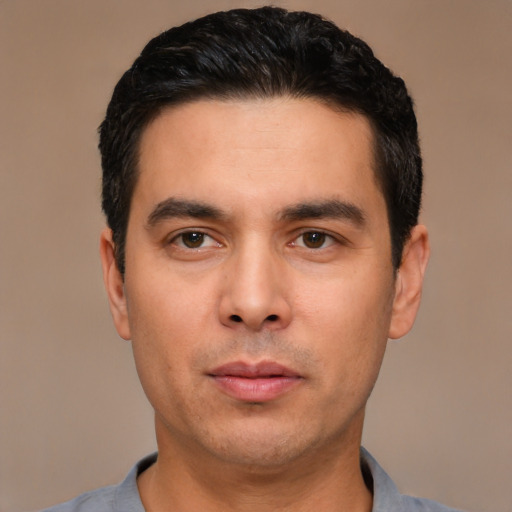 Neutral asian young-adult male with short  black hair and brown eyes