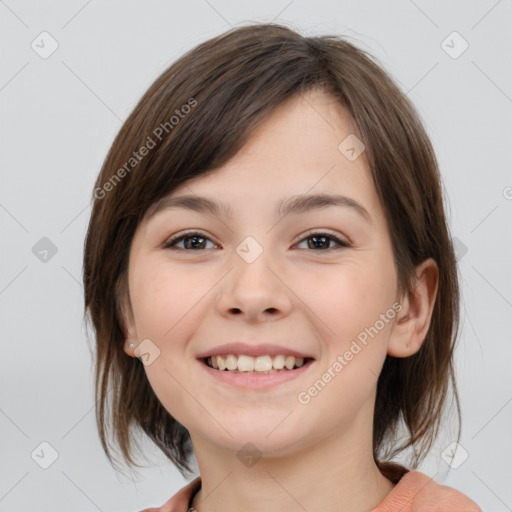 Joyful white child female with medium  brown hair and brown eyes