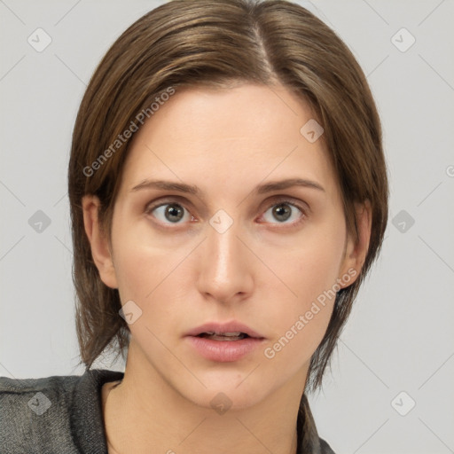 Neutral white young-adult female with medium  brown hair and brown eyes